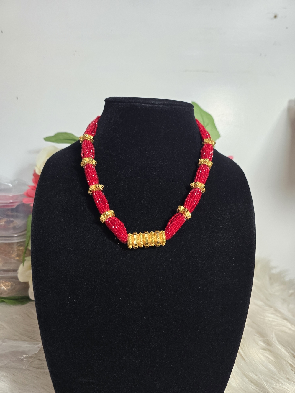 Red and Gold Beaded Statement Necklace